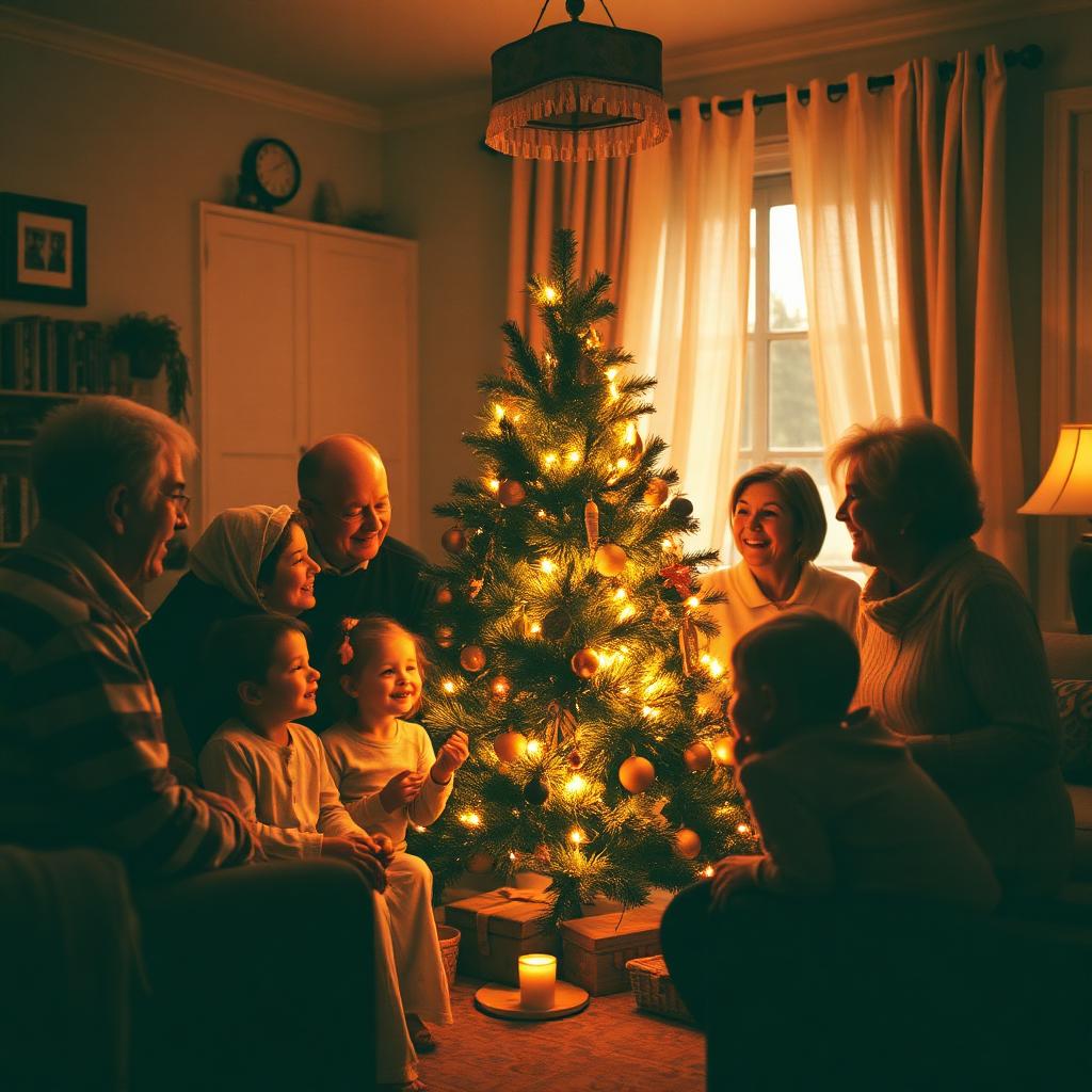 Family gathered around the Christmas tree
