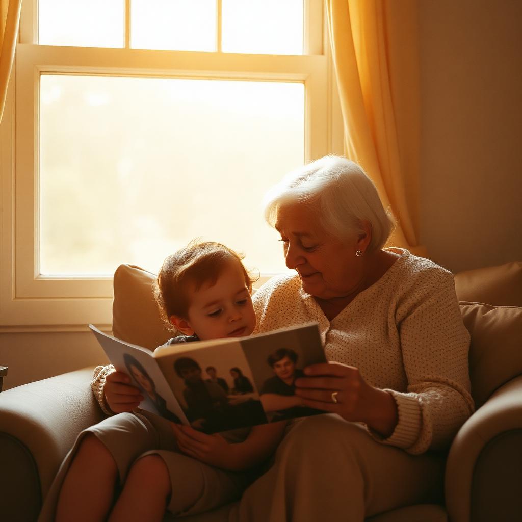 Grandmother and grandchild looking at photos