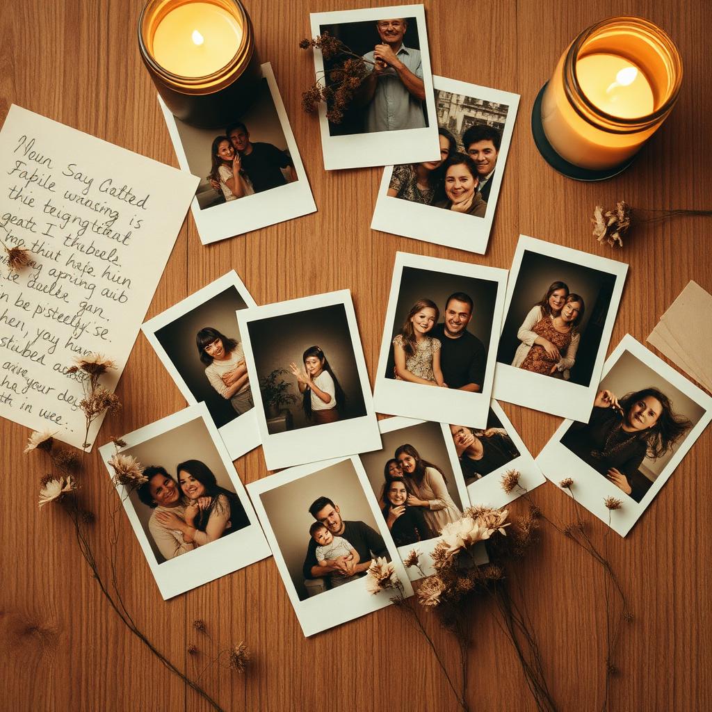Vintage family polaroids scattered on a wooden table by candlelight